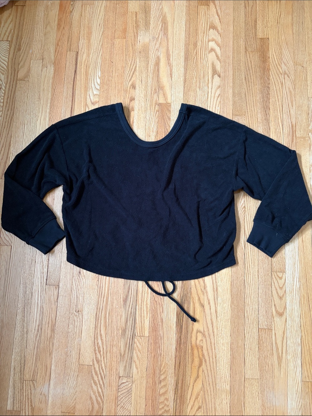 aerie Black Cropped Scoop-Neck Drawstring Terry cloth Sweatshirt